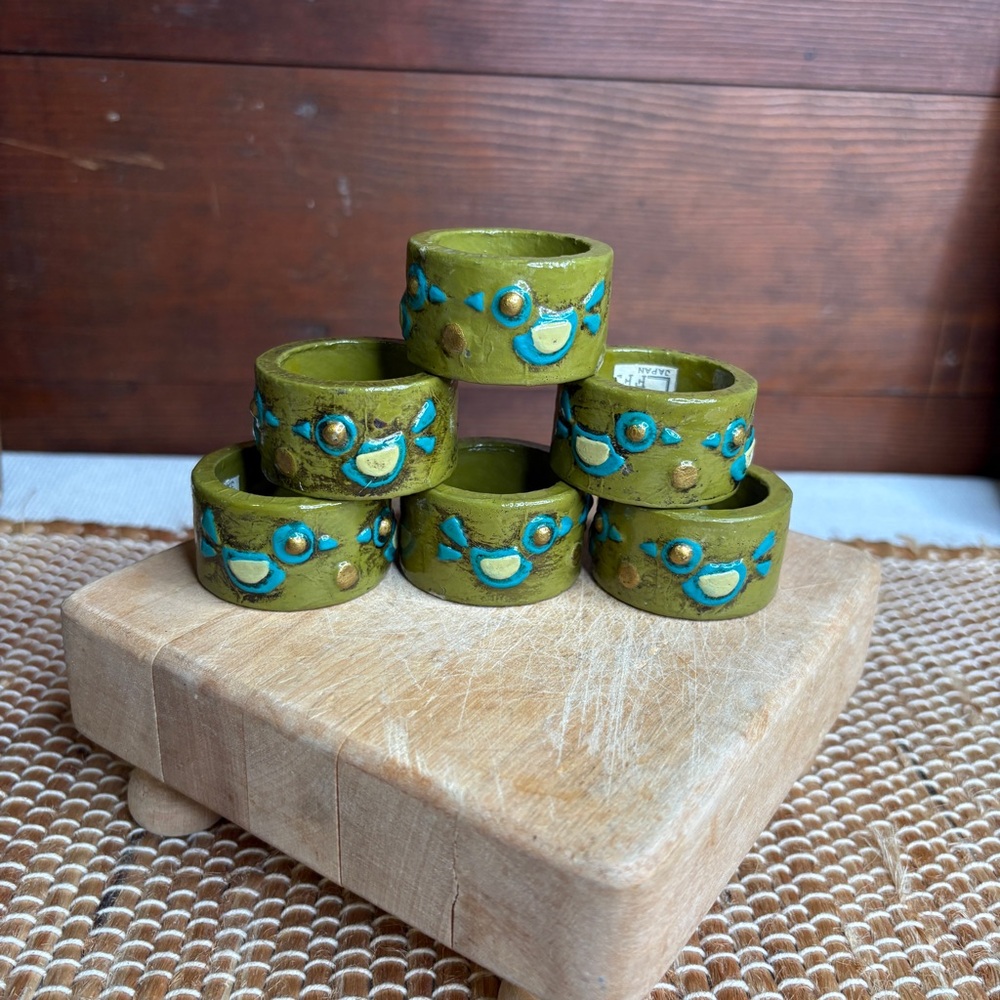 Set of 6 Vintage Fitz & Floyd Paper Mâché Green Napkin Rings Bird Motif